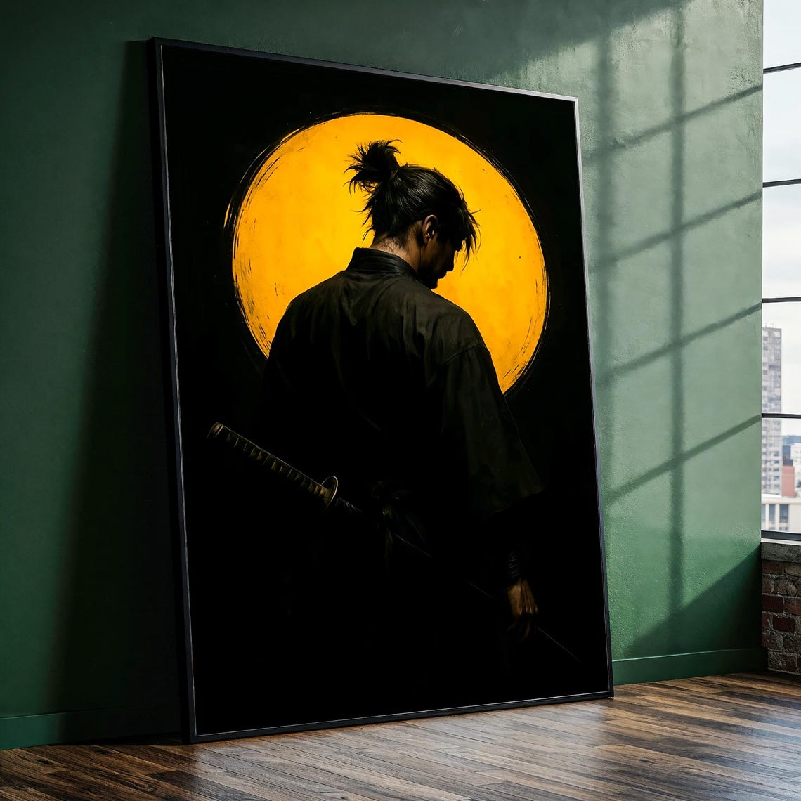 Samurai Silhouette With Katana Before Golden Sun Circle Poster