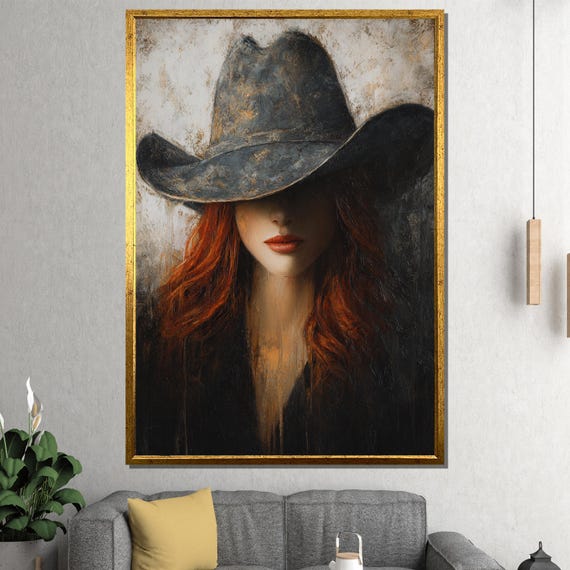 Redhead Woman With Cowboy Hat Canvas Painting Abstract Western Wall Art Ready To Hang Rustic Decor Cowgirl Gift