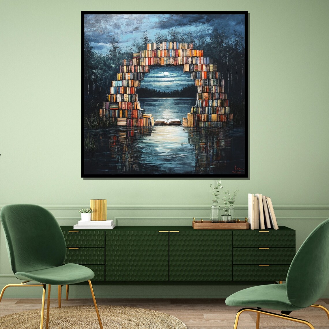 Dreamy Book Arch Over Moonlit Lake Fantasy Reading Nook Art Poster - Image 3