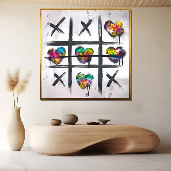 Graffiti Heart Tic Tac Toe Canvas Painting Ready To Hang Gift For Urban Art Street Style Unity Wins