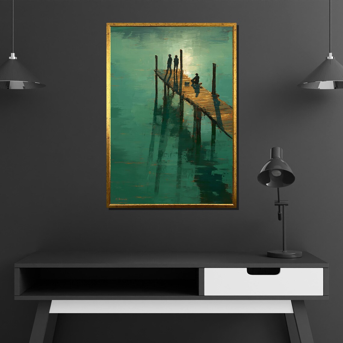 Silhouettes on Wooden Pier Above Glowing Teal Water Sunset Lake Painting Poster - Image 4