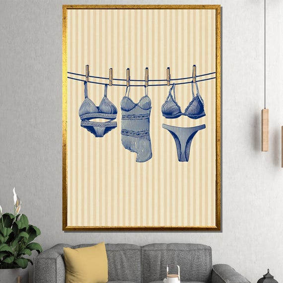 Lingerie Hanging On Clothesline Evokes Feminine Charm Minimalist Illustration Canvas Painting Ready To Hang Gift