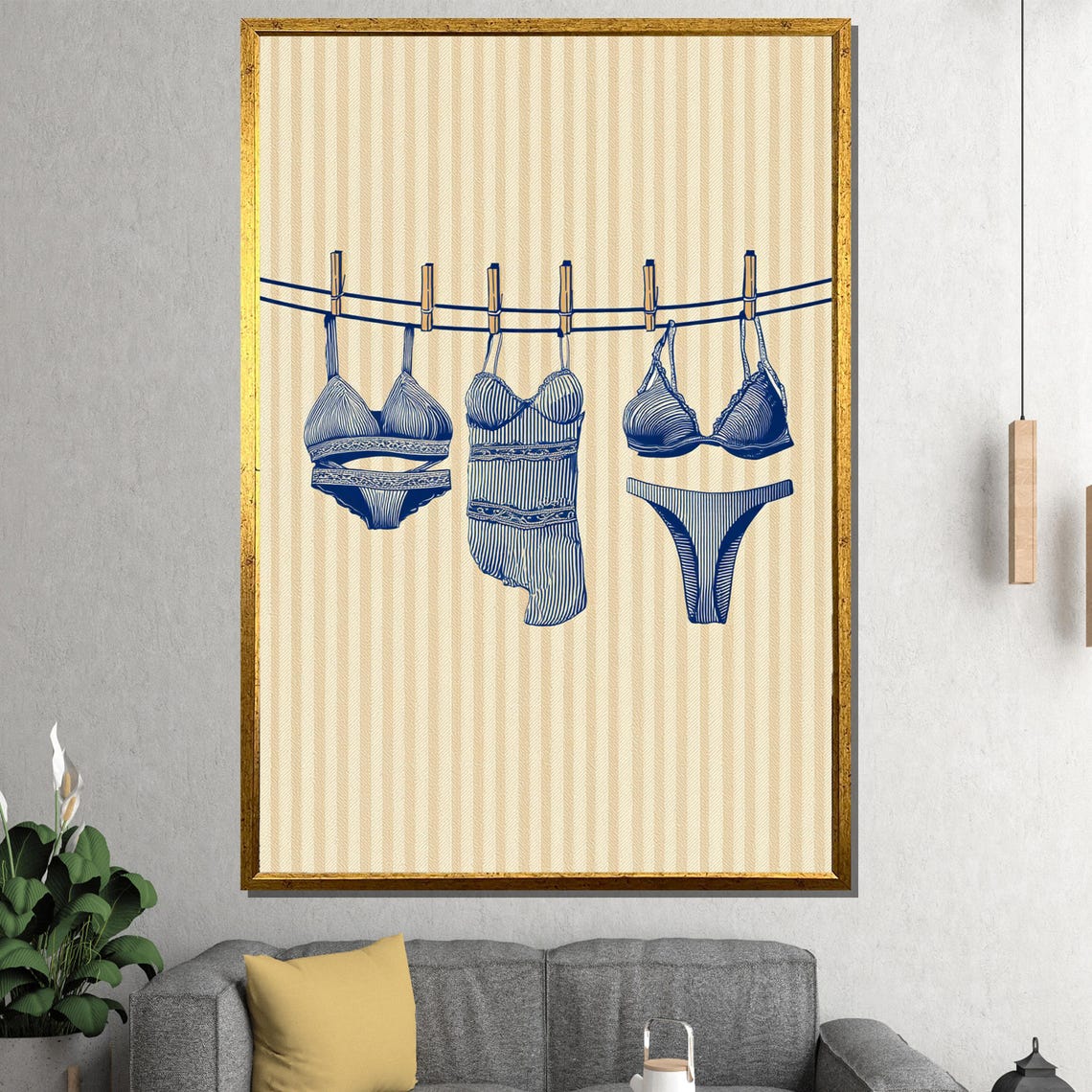 Navy Lingerie on Clothesline Laundry Room Feminine Illustration Poster