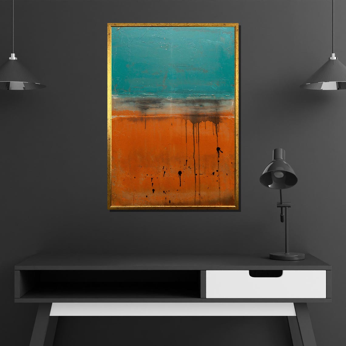 Teal and Burnt Orange Drip Abstract Color Field Modern Art Poster - Image 3