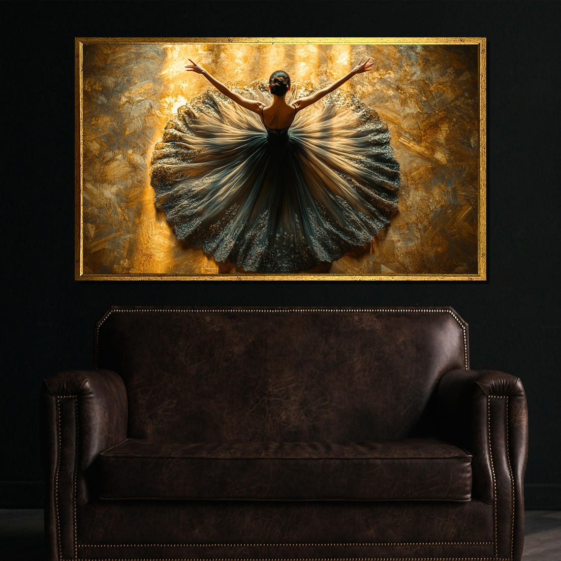 Ballerina With Flowing Tutu Dancing On Golden Backdrop Art Poster
