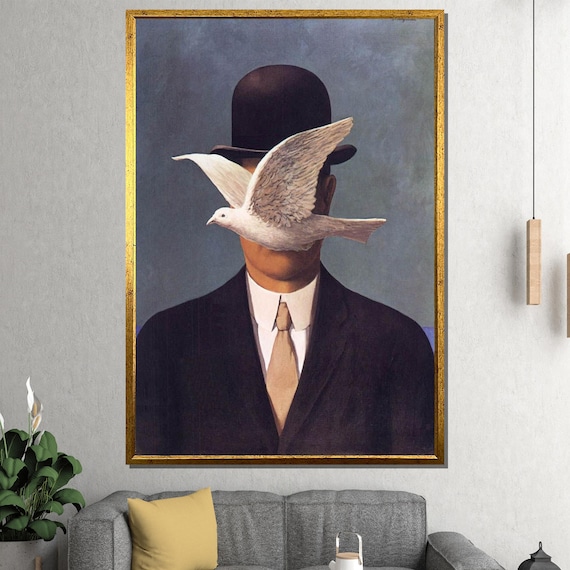 Surreal Man in Bowler Hat White Dove Magritte Style Painting Poster