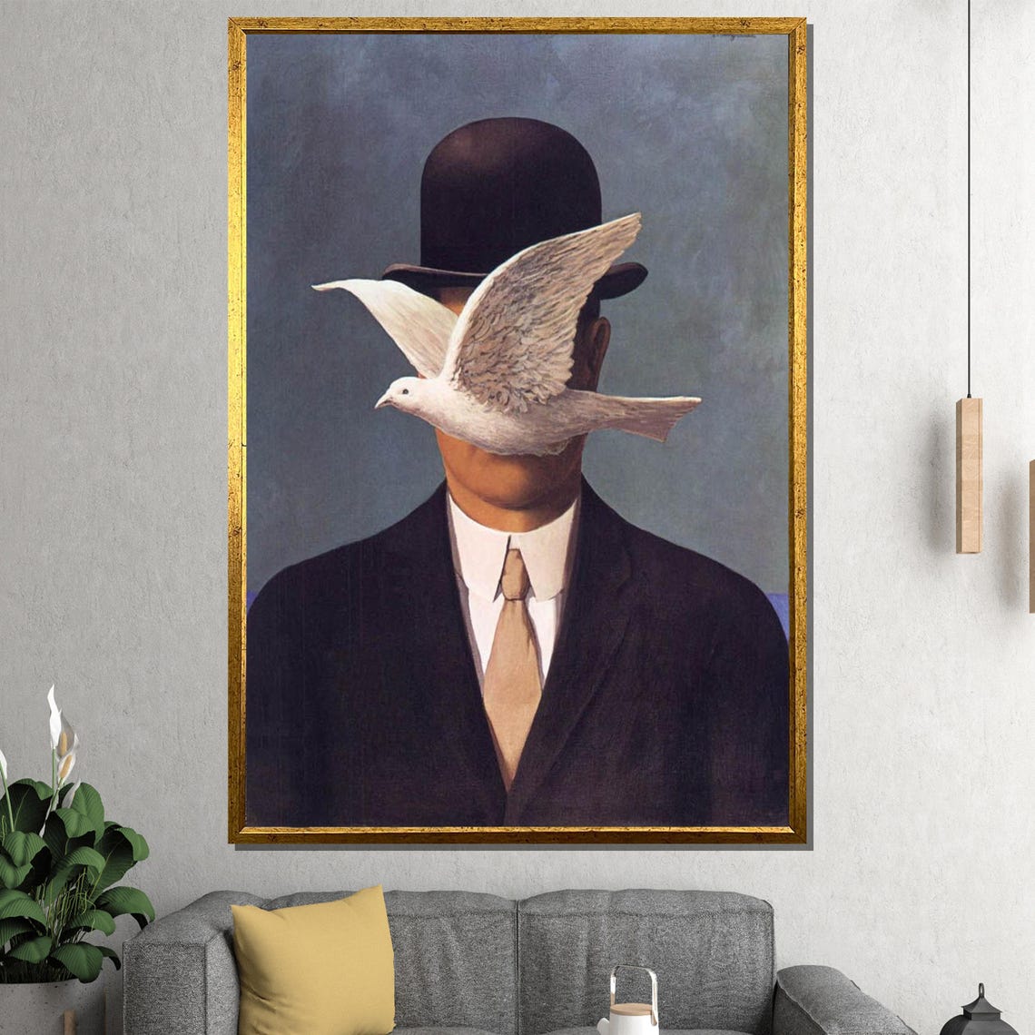 Surreal Man in Bowler Hat White Dove Magritte Style Painting Poster