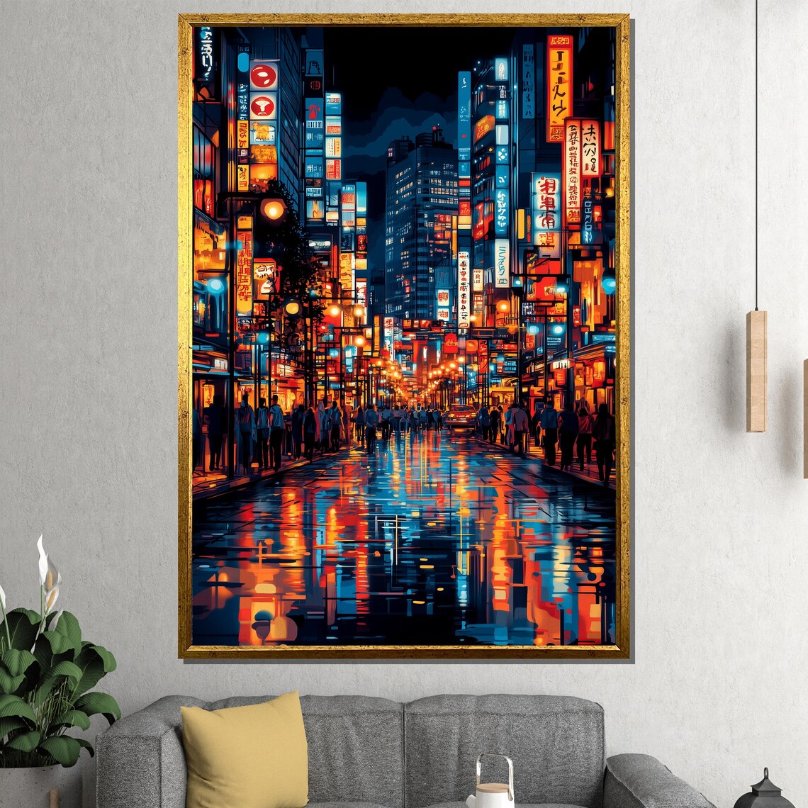 Tokyo Neon Street Night Rainy City Reflections Anime Style Poster