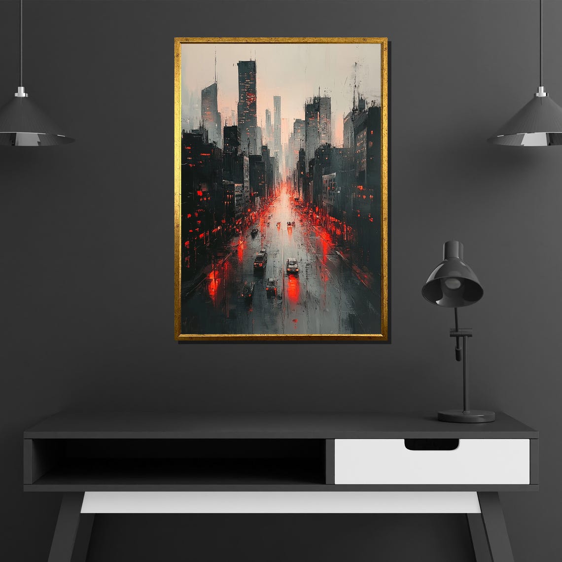 Rainy City Street Night Red Taillight Reflections Urban Art Poster - Image 2
