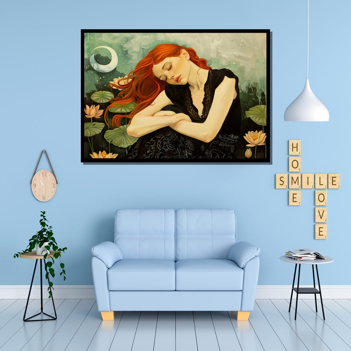 Red Haired Woman Sleeping Among Blooms Under Crescent Moon Poster - Image 3