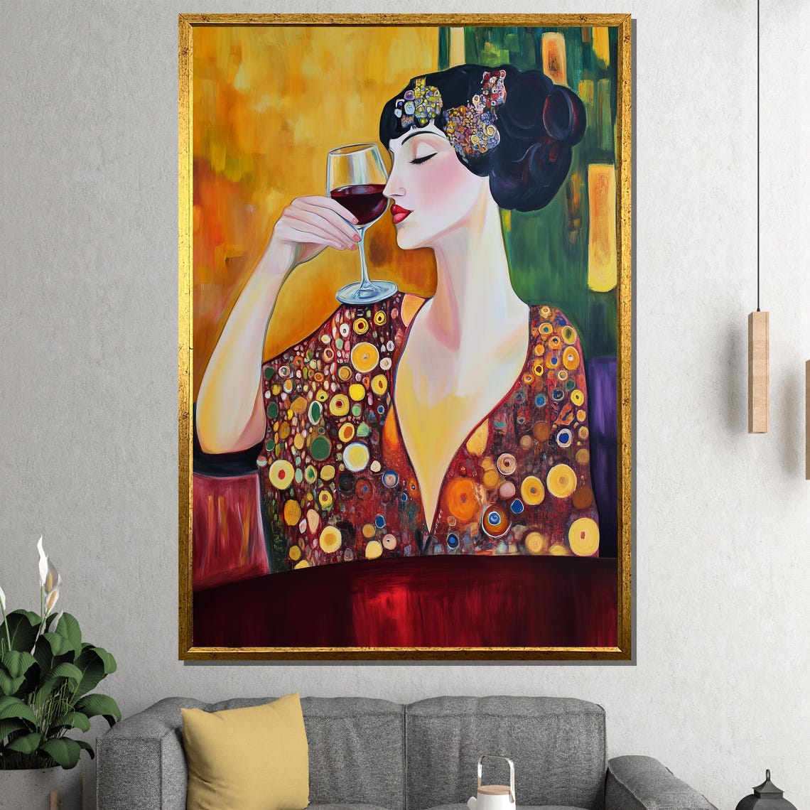 Woman Drinking Wine, Klimt-Inspired Elegant Wall Art