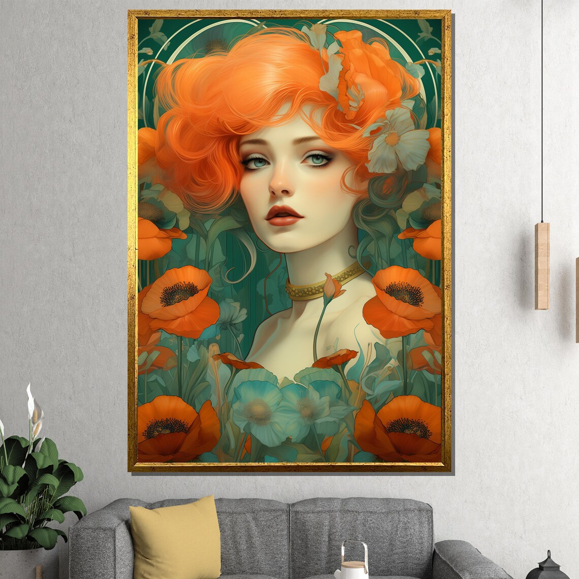 Redhead Woman With Orange Poppies Art Nouveau Floral Portrait Poster