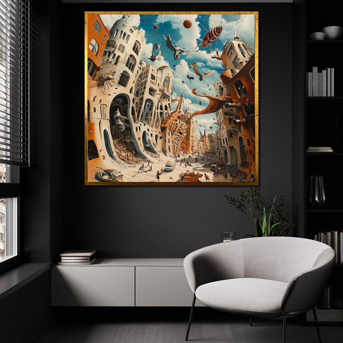 Whimsical Surreal City Melting Spires Flying Machines Chaos Art Poster - Image 4