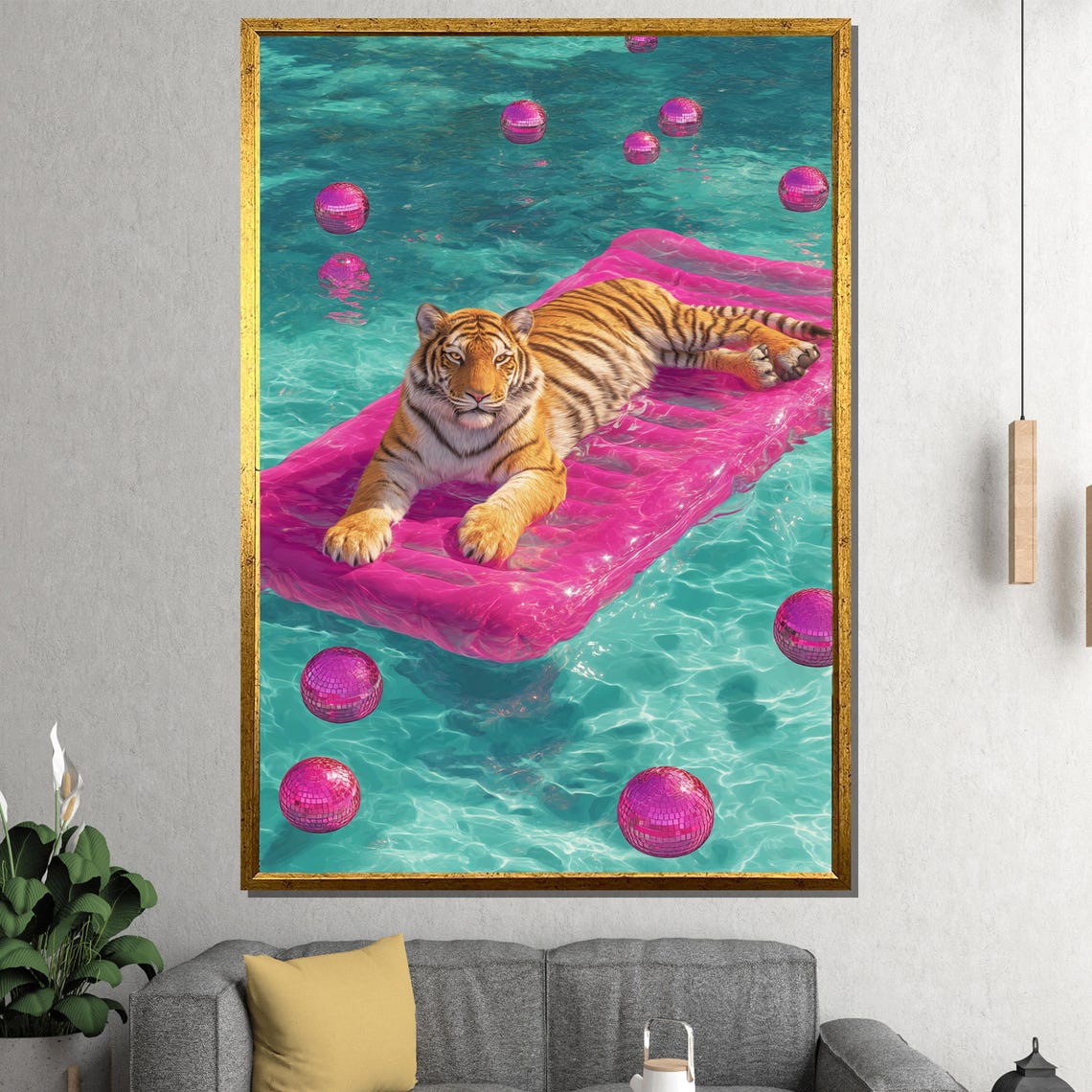 Surreal Tiger Pool Art Pink Disco Dream Canvas Painting Ready To Hang Gift Boho Wall Animal Decor - Image 4