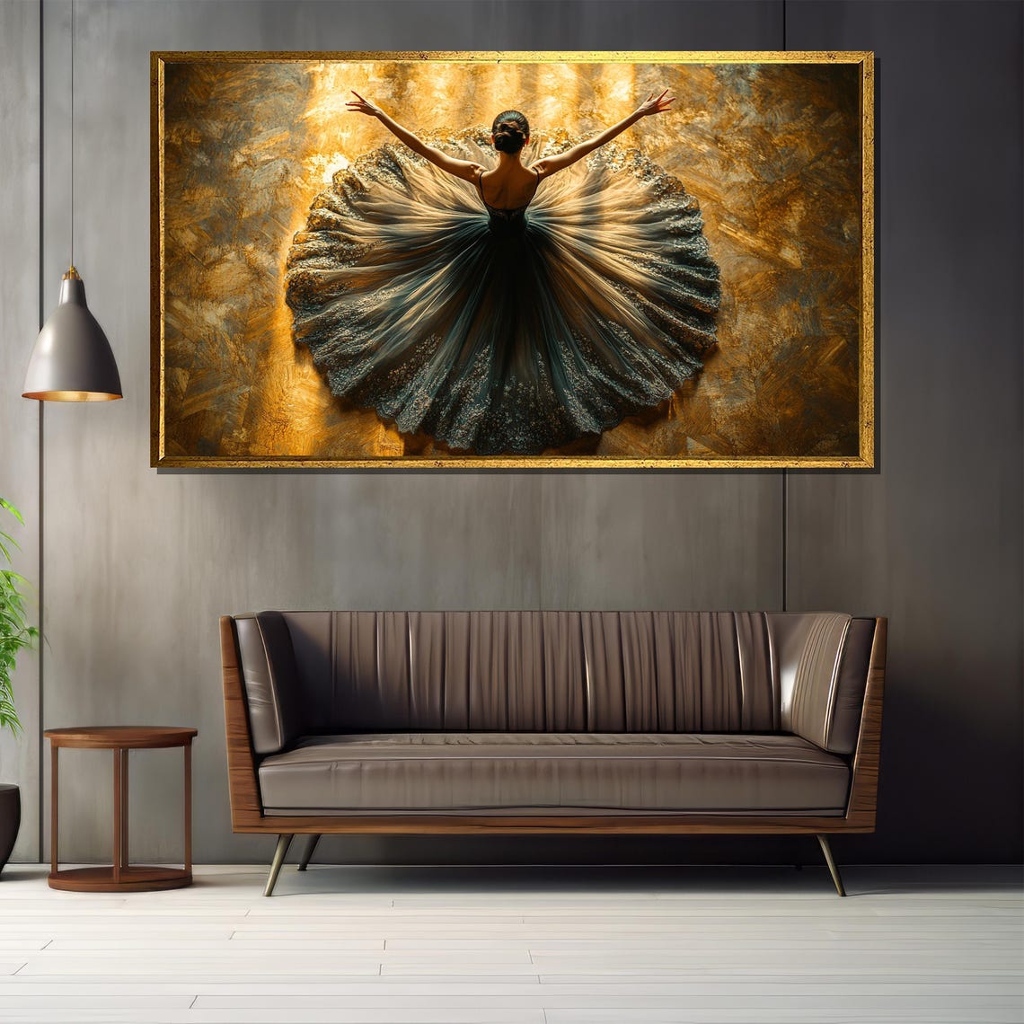 Ballerina With Flowing Tutu Dancing On Golden Backdrop Art Poster - Image 3