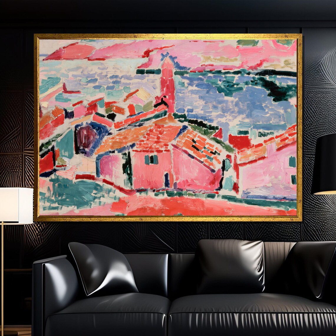 Matisse Style Coastal Village With Red Roofs And Harbor Boats Poster