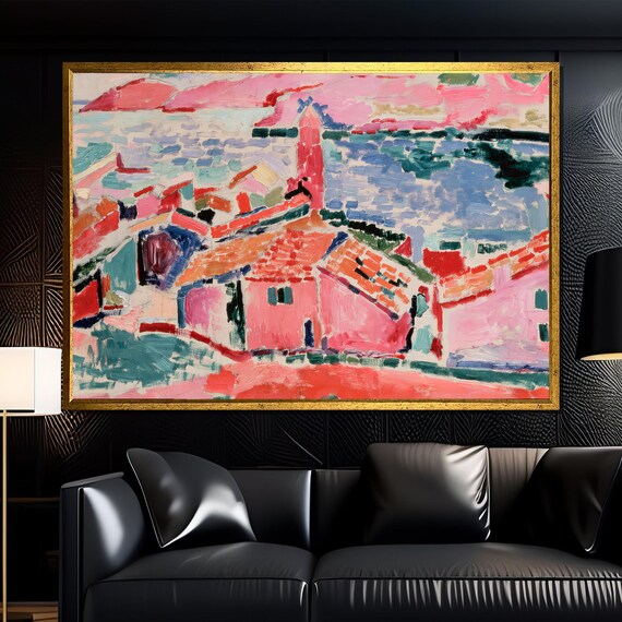 Matisse Style Coastal Village With Red Roofs And Harbor Boats Poster