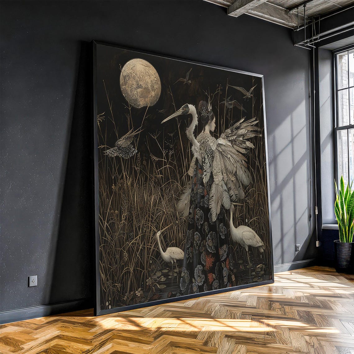 Haunting Moonlit Marsh Cranes Surreal Night Birds Dream Art Poster