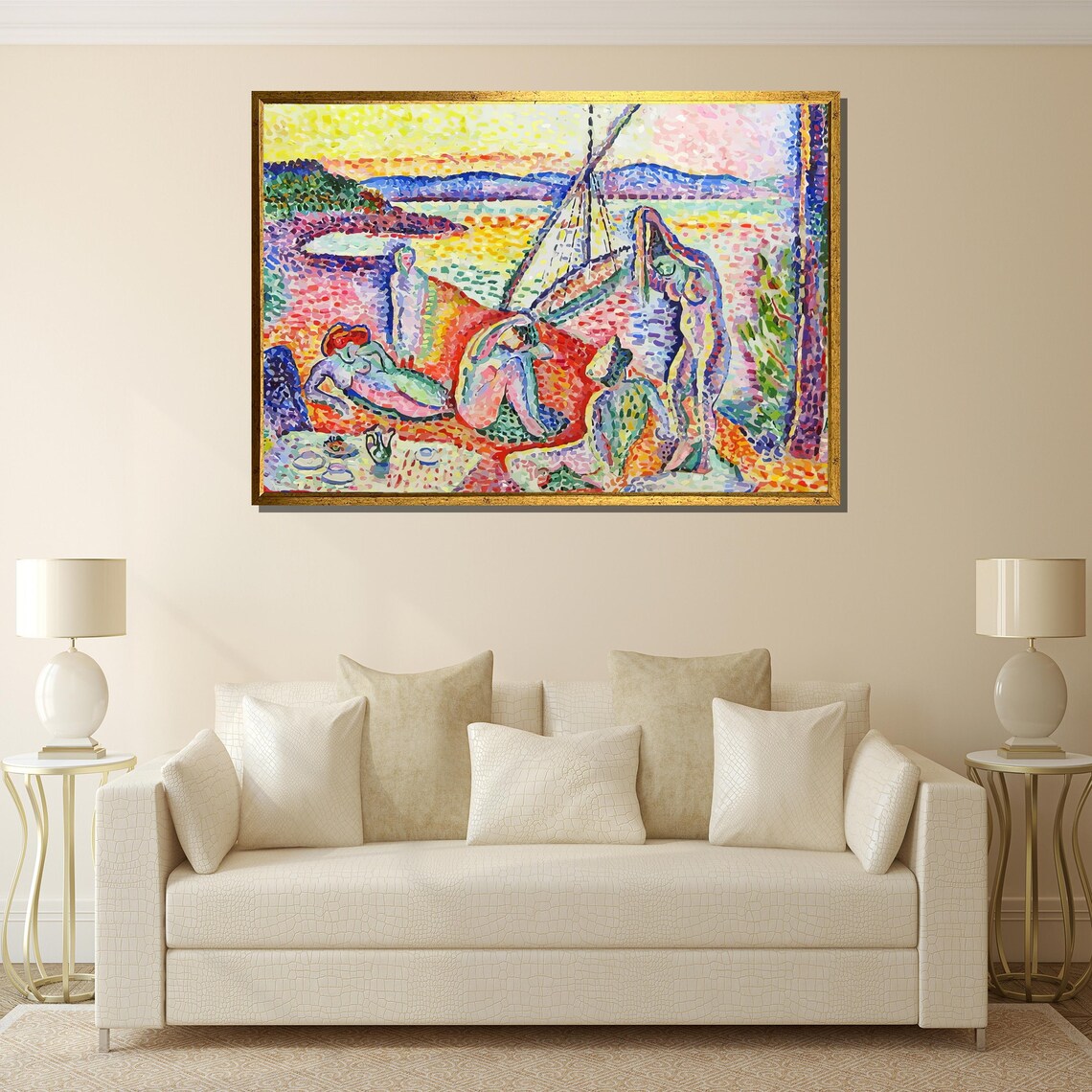 Matisse Style Pointillist Beach Bathers With Sailboat Scene Poster - Image 3