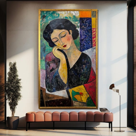 Abstract Woman Portrait Canvas Painting Modern Cubist Style Feminine Wall Art Artistic Gift For Living Room Studio Or Gallery Display