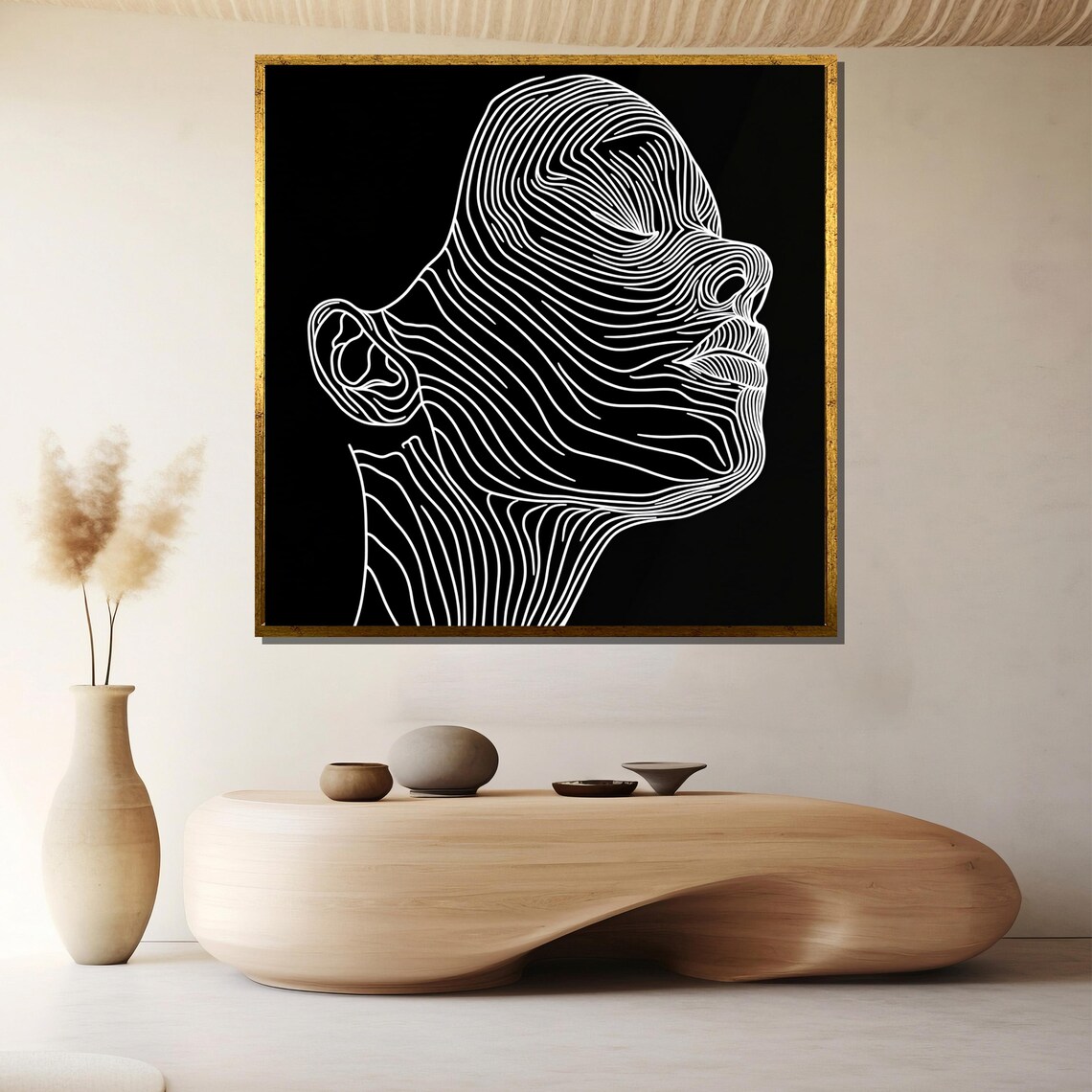 Minimalist Contour Line Face White on Black Monochrome Art Poster