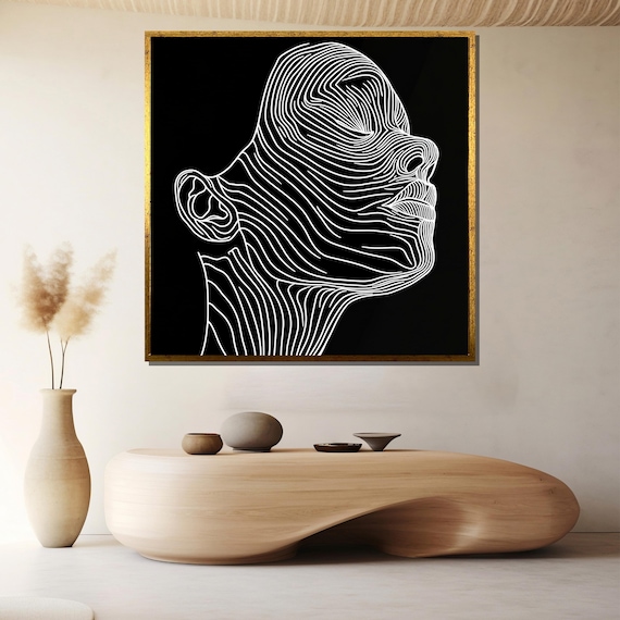 Minimalist Contour Line Face White on Black Monochrome Art Poster