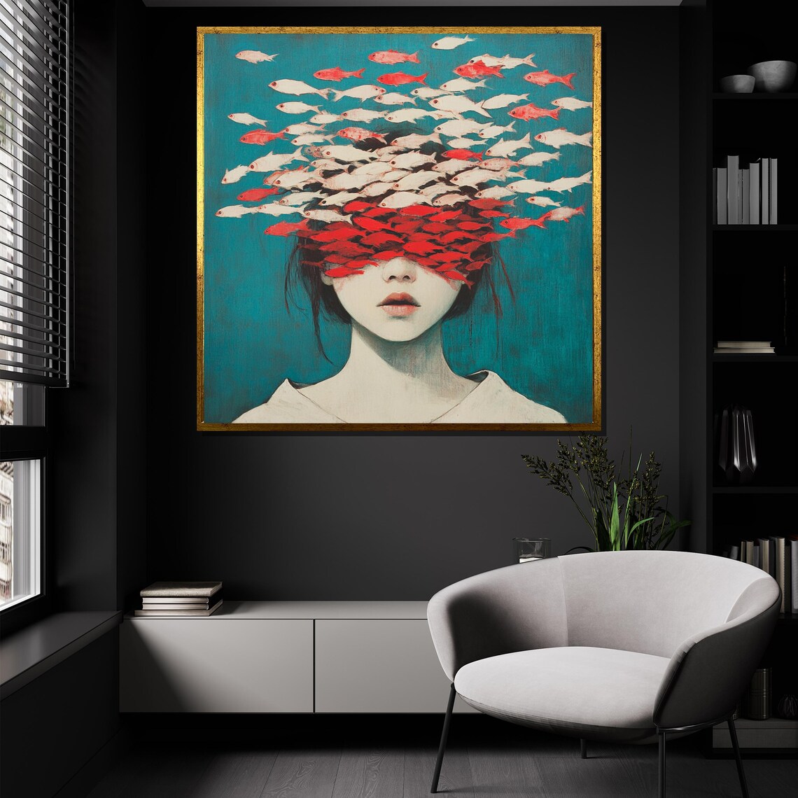 Woman with School of Red Fish Covering Eyes Aquatic Dream Art Poster - Image 4