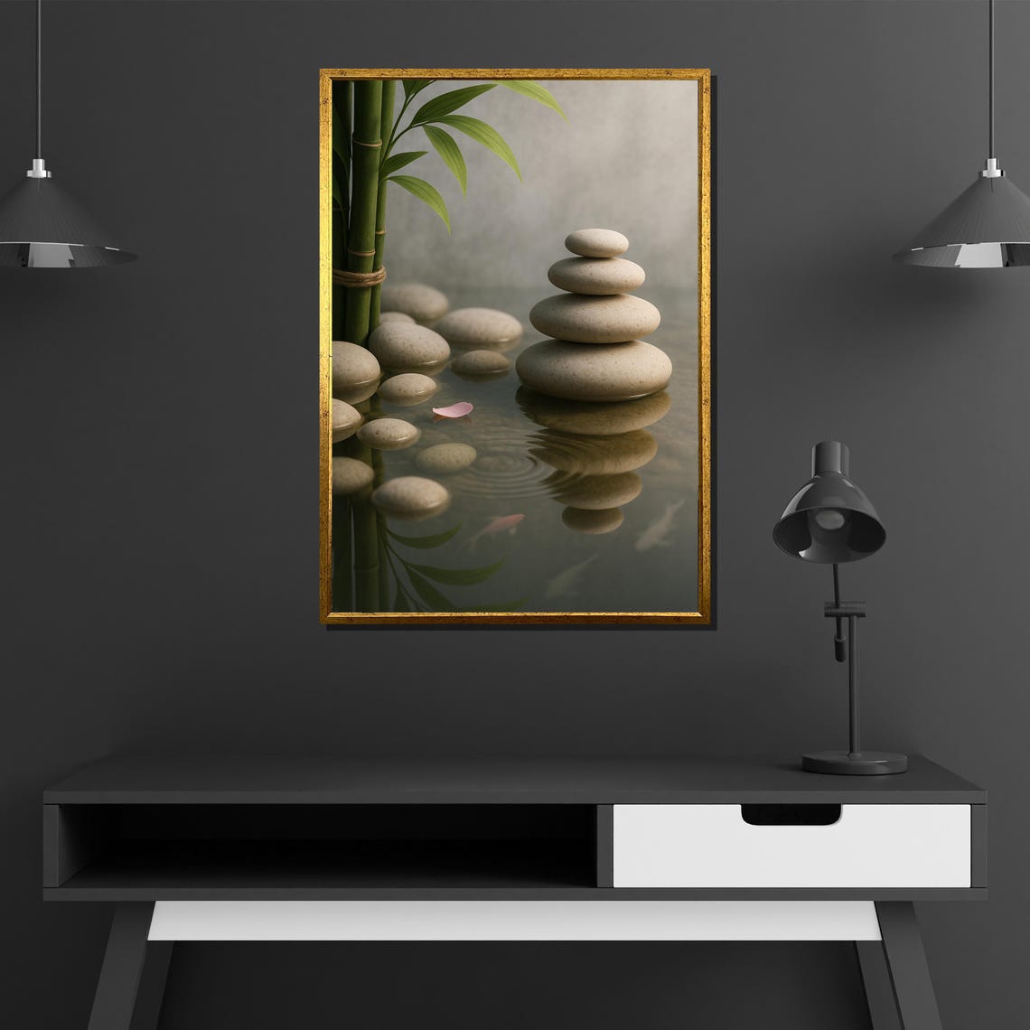 Zen Stacked Stones And Bamboo Still Water Minimalist Calm Poster - Image 2