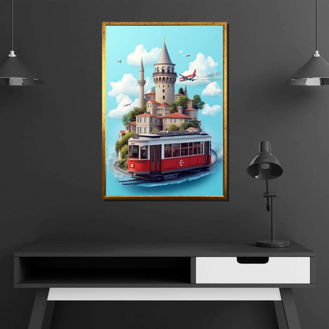 Galata Tower Istanbul Red Tram Whimsical Floating Island Poster - Image 2