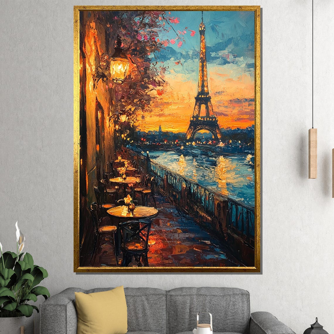 Paris Cafe Sunset Eiffel Tower Riverside Terrace Oil Style Poster