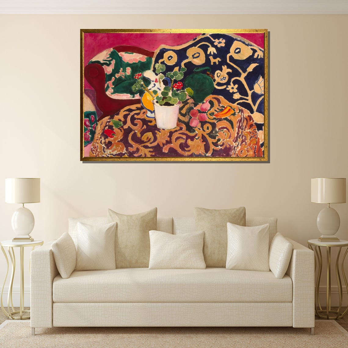 Geranium Still Life On Patterned Cloth Floral Tapestry Art Poster - Image 2