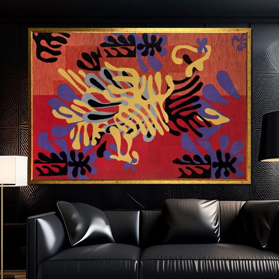 Matisse Style Abstract Floral Cutout Red Background Wall Poster