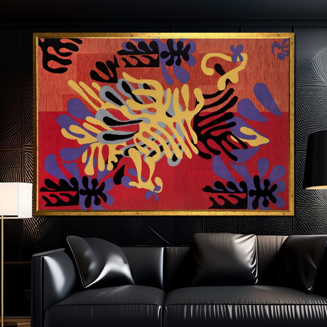 Matisse Style Abstract Floral Cutout Red Background Wall Poster