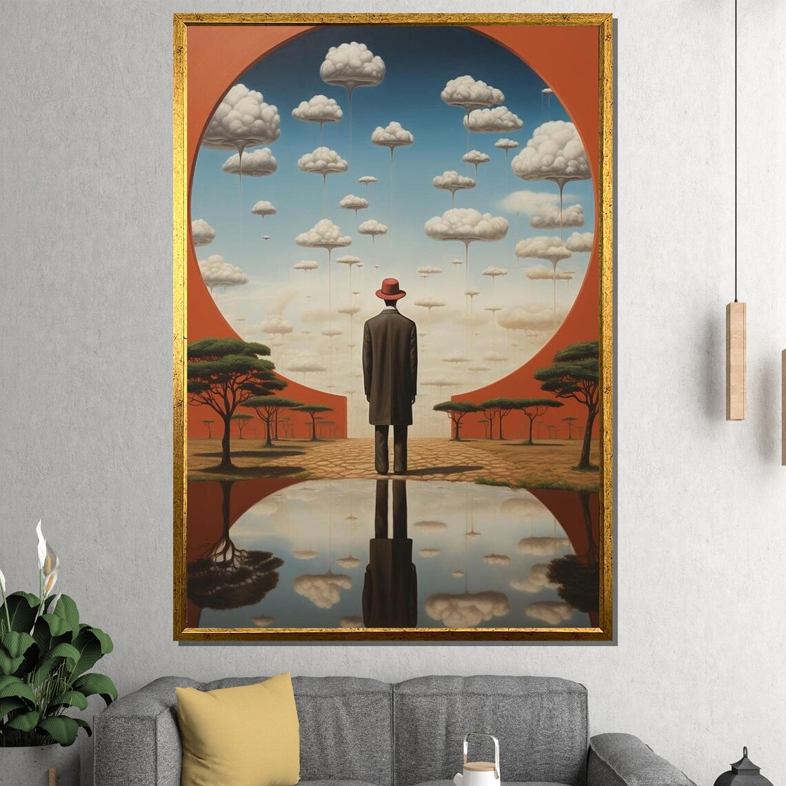 Rene Magritte Style Man Red Bowler Hat Cloud Tree Reflection Art Poster