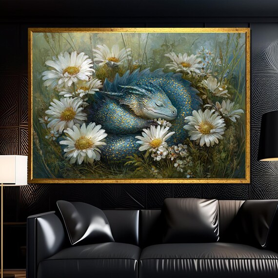 Sleeping Dragon Canvas Painting Fantasy Floral Wall Art Ready To Hang Whimsical Home Decor Unique