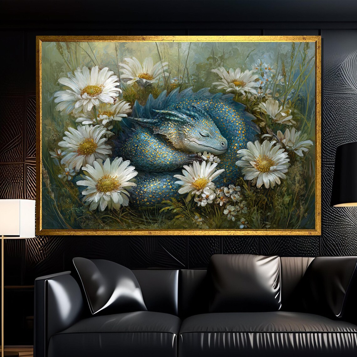 Sleeping Blue Dragon Among White Daisies Fantasy Floral Painting Poster