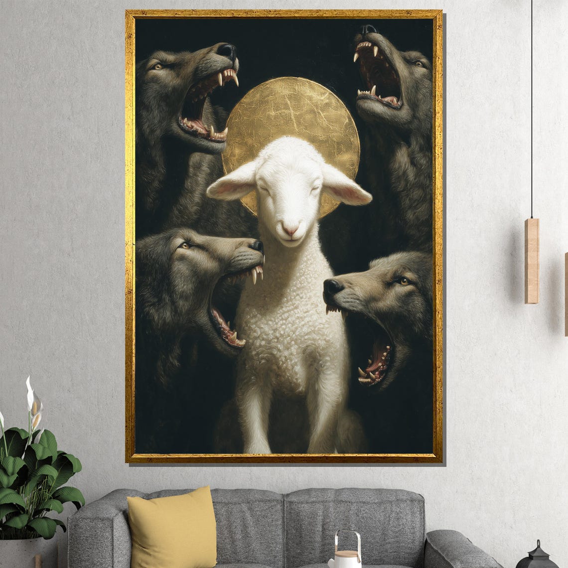 Fearless White Lamb Among Snarling Wolves Golden Halo Art Poster