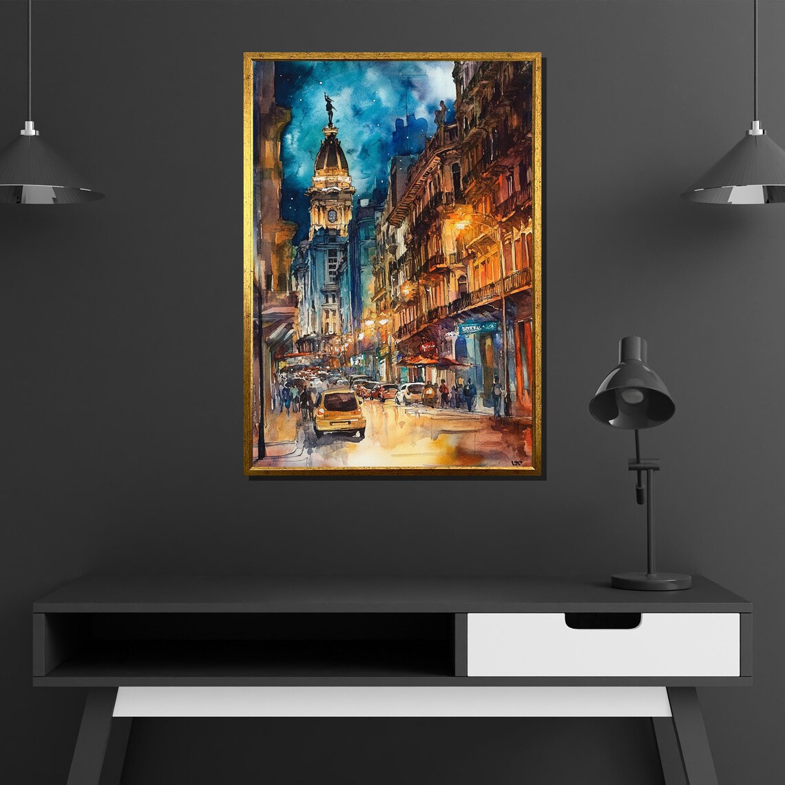Madrid Gran Via Night Watercolor City Street Café Lights Poster - Image 2