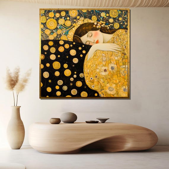 Golden Klimt Style Sleeping Woman Canvas Art Nouveau Inspired Feminine Portrait With Floral Gold Patterns For Elegant And Dreamy Wall Decor