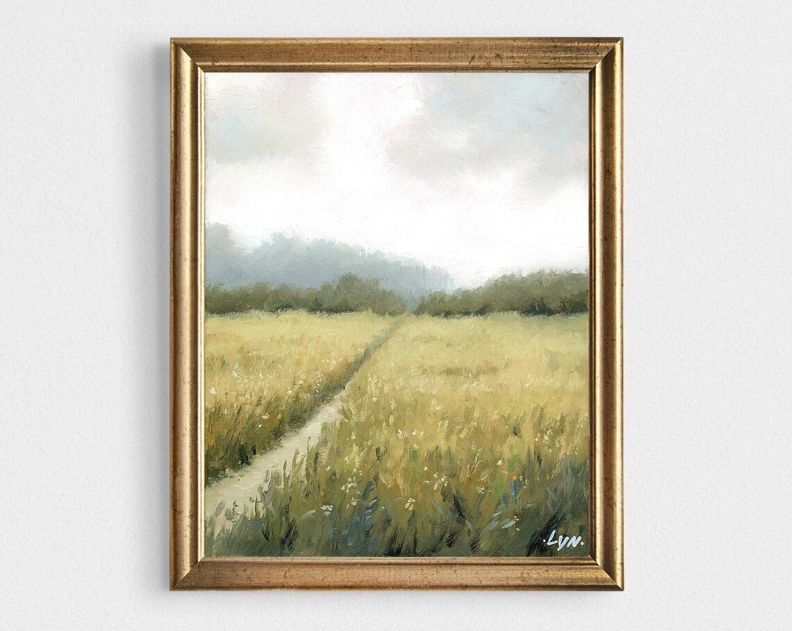 Meadow Path Landscape Art Print, Misty Neutral Fields