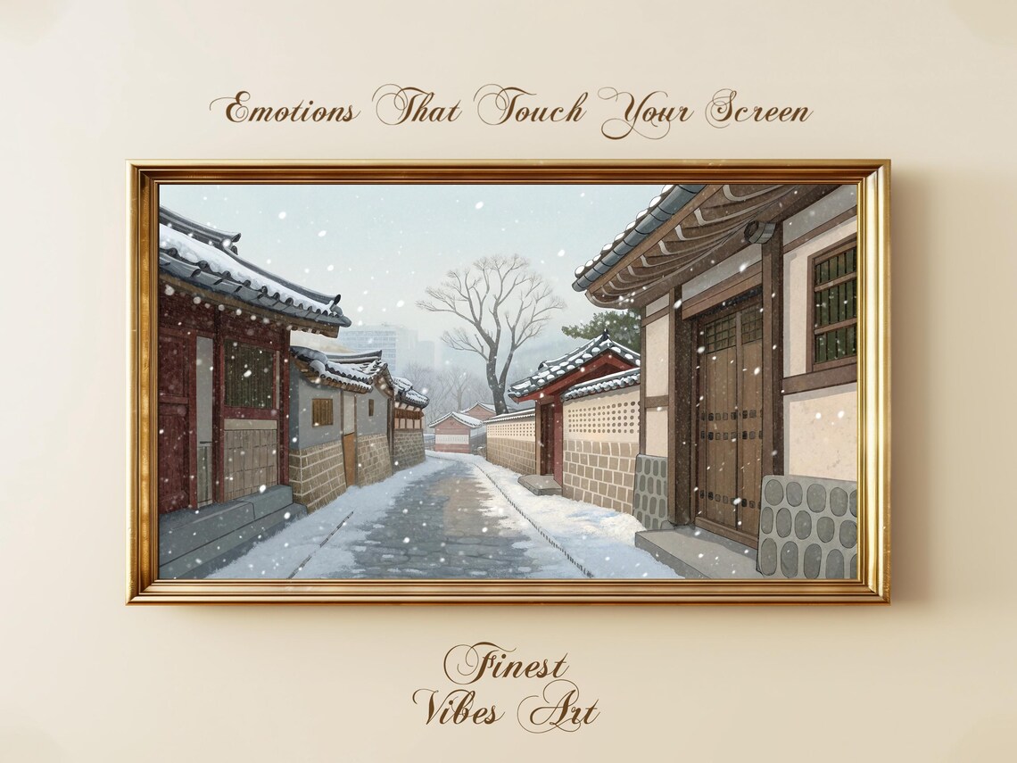 Snowy Korean Street Traditional Hanok Village Winter Art Print