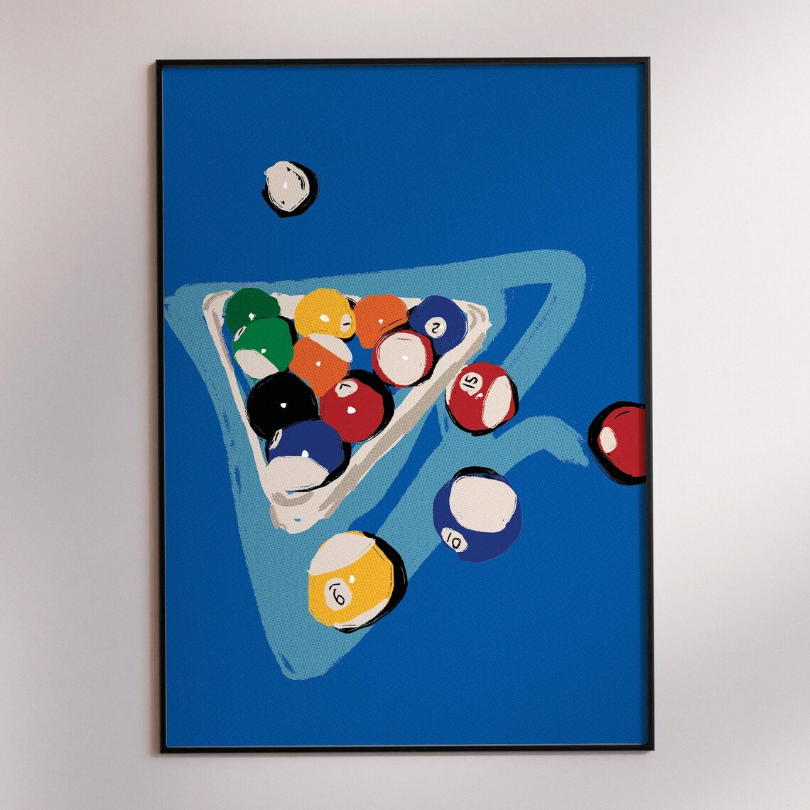 Retro 8 Ball Rack Colorful Billiard Balls Blue Background Poster
