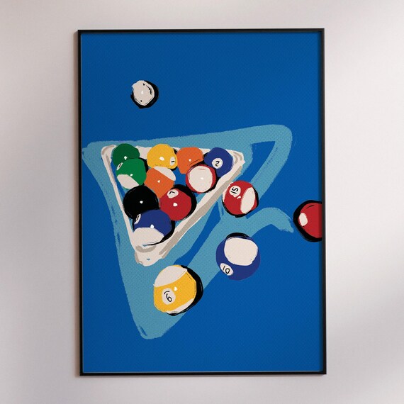 Retro 8 Ball Rack Colorful Billiard Balls Blue Background Poster