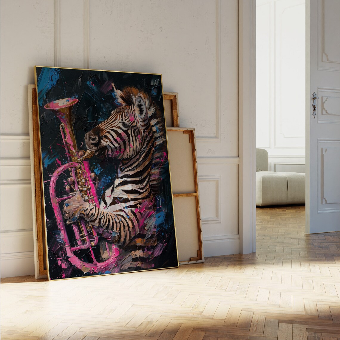 Zebra Playing Pink Trumpet Neon Splash Bold Jazz Music Animal Poster - Image 5
