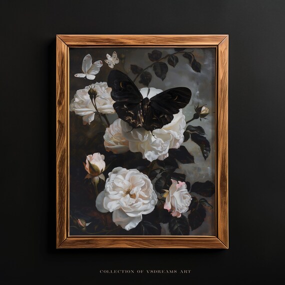 Rustic Moth Print Gothic Moth Prints Moody Floral Print Dark Academia Print Witch Room Decor Botanical Oil Painting Aesthetic Moth Art