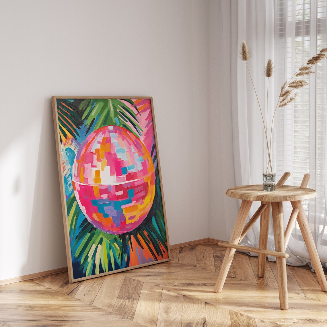 Colorful Pink Disco Ball Oil Painting With Tropical Palm Leaves Poster - Image 3