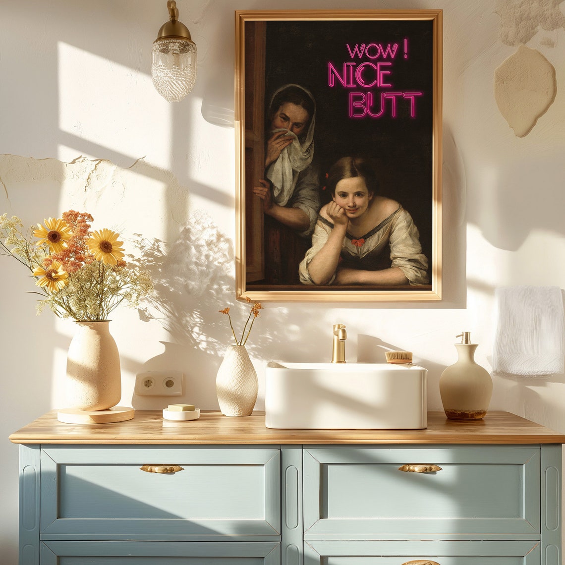Wow Nice Butt Neon Sign Classical Oil Painting Funny Bathroom Poster - Image 4