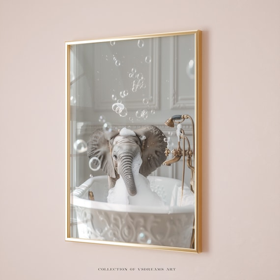 Baby Elephant Bathtub Bubbles Vintage Black White Bath Art Poster