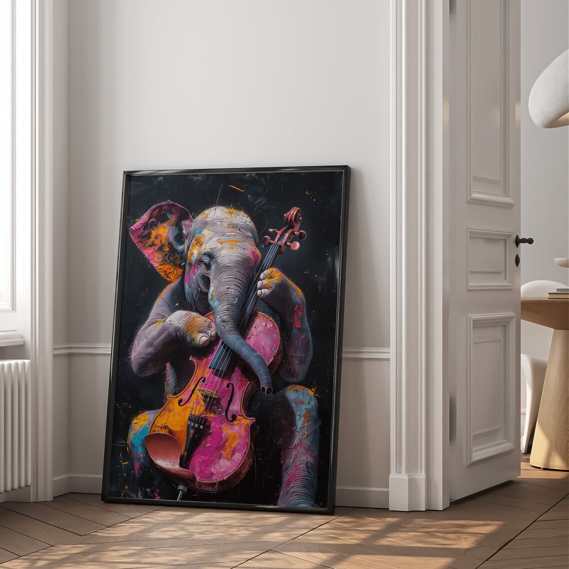 Elephant Playing Colorful Cello Neon Splash Orchestra Music Art Poster - Image 2