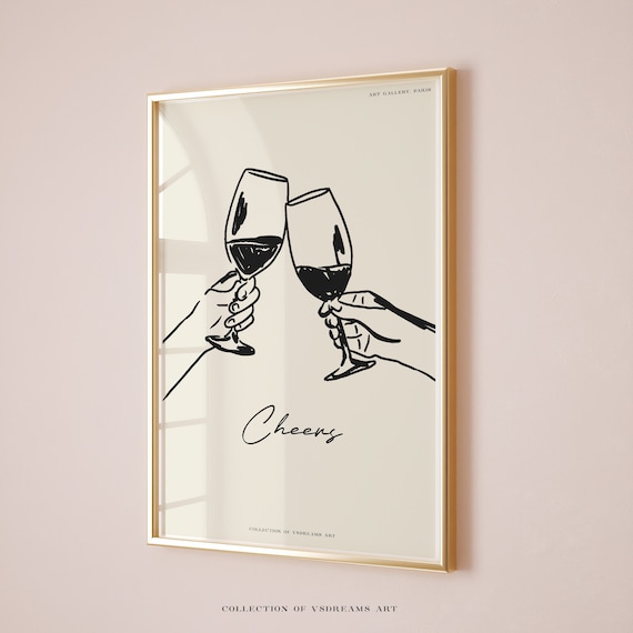 Cheers Wine Glasses Line Art Minimalist Black Ink Toast Poster